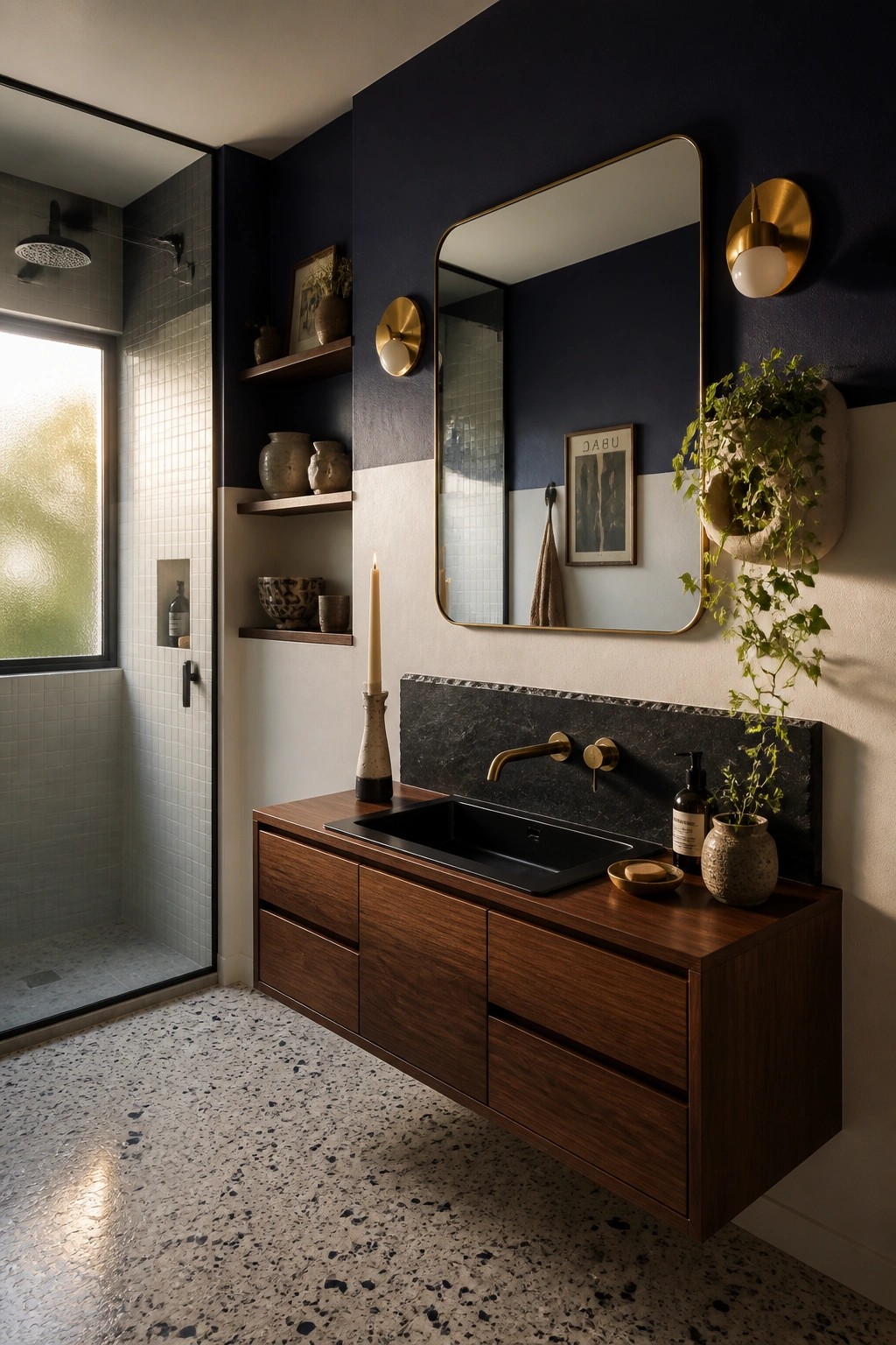 Modern bathroom with navy walls, wooden vanity, black sink, gold mirror, terrazzo floor