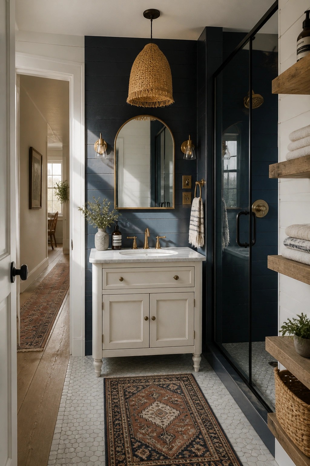 Navy blue bathroom with white marble vanity, arched gold mirror, woven pendant, and glass shower.
