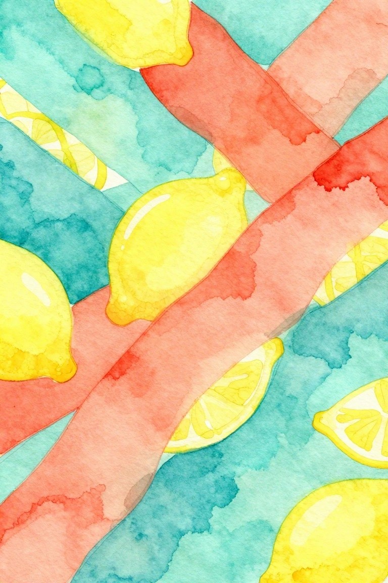 Yellow lemons with slices over teal background and red brushstrokes