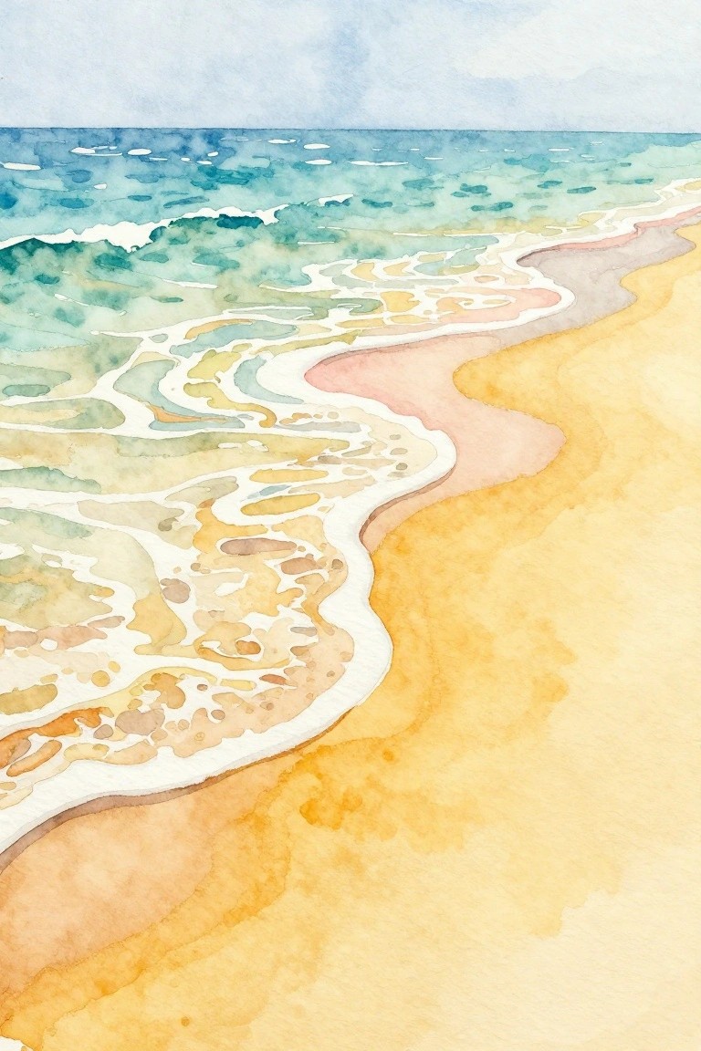 Watercolor painting of turquoise and blue ocean waves with white foam meeting a yellow and orange sandy beach.