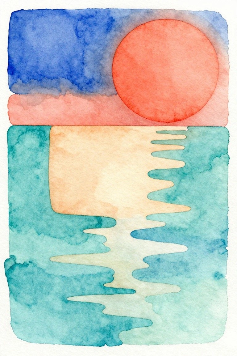 Abstract watercolor of red sun over pink band and wavy teal sea