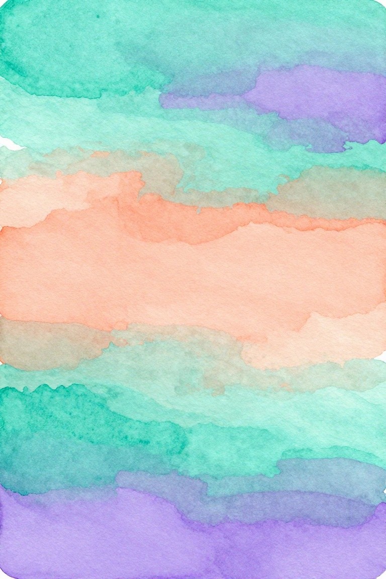 Abstract watercolor with soft horizontal bands of turquoise, purple, coral, and green hues.
