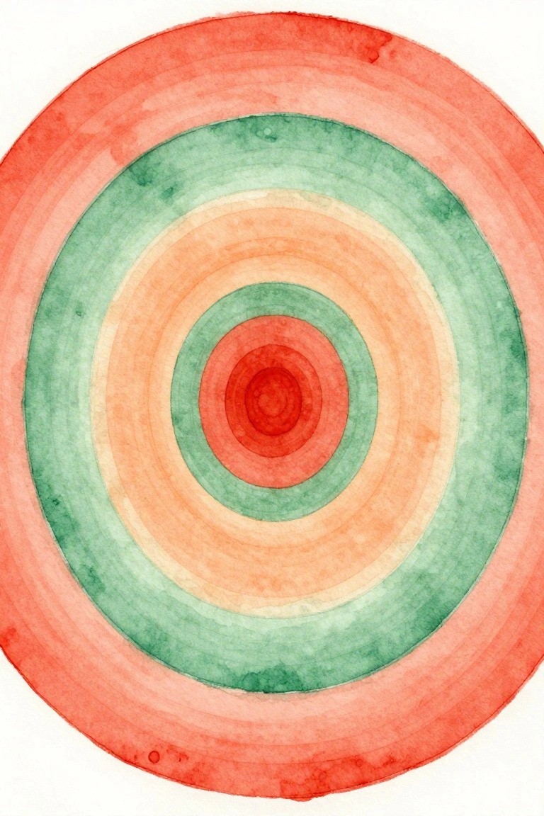Watercolor concentric circles in red, orange, and green rings on white paper.
