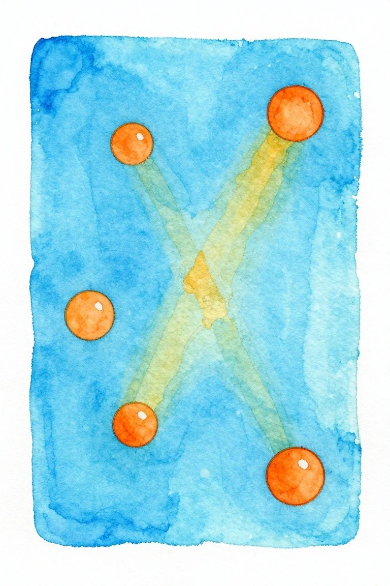 Watercolor of four orange circles linked by crossing yellow-green lines on blue background.