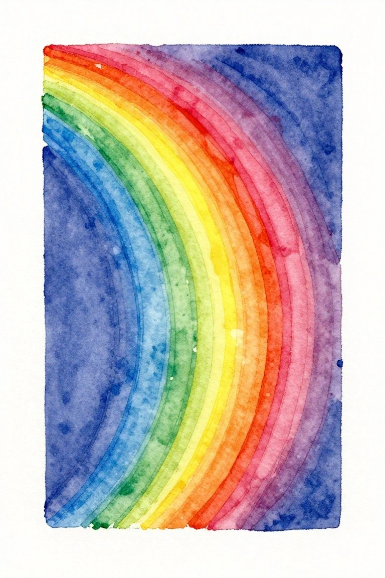 A painting of curved rainbow stripes in watercolor style on a blue background.