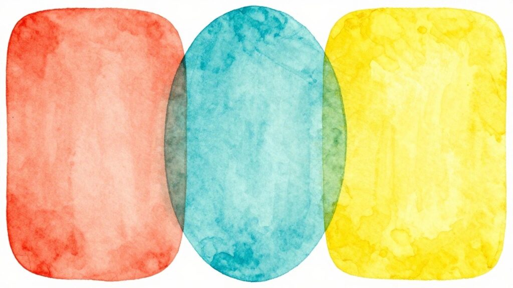Abstract watercolor with overlapping rounded shapes in red, teal, yellow, and green.