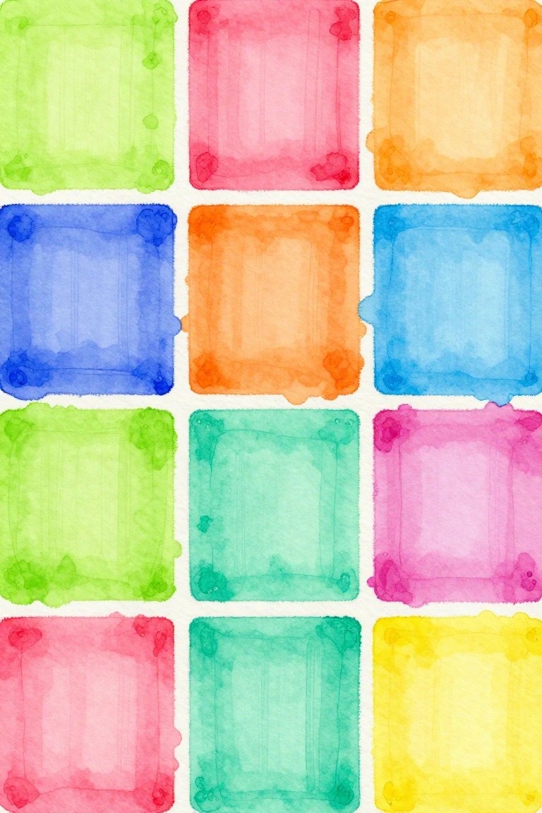 Grid of twelve colorful watercolor squares with decorative borders in bright hues.