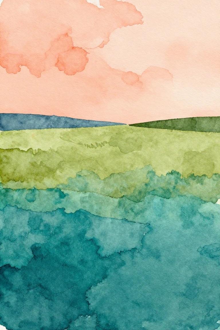 Watercolor landscape with soft pink sky above layered blue and green hills