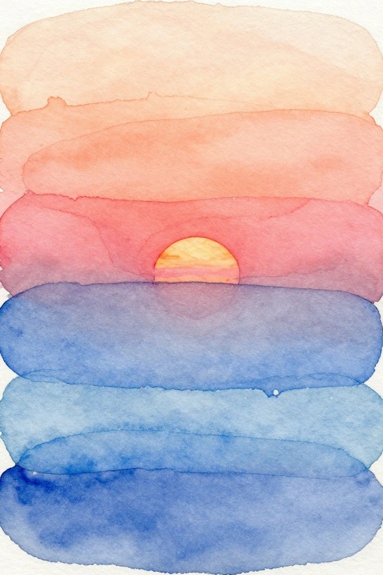 Watercolor sunset with yellow sun on pink horizon above layered blue waters.