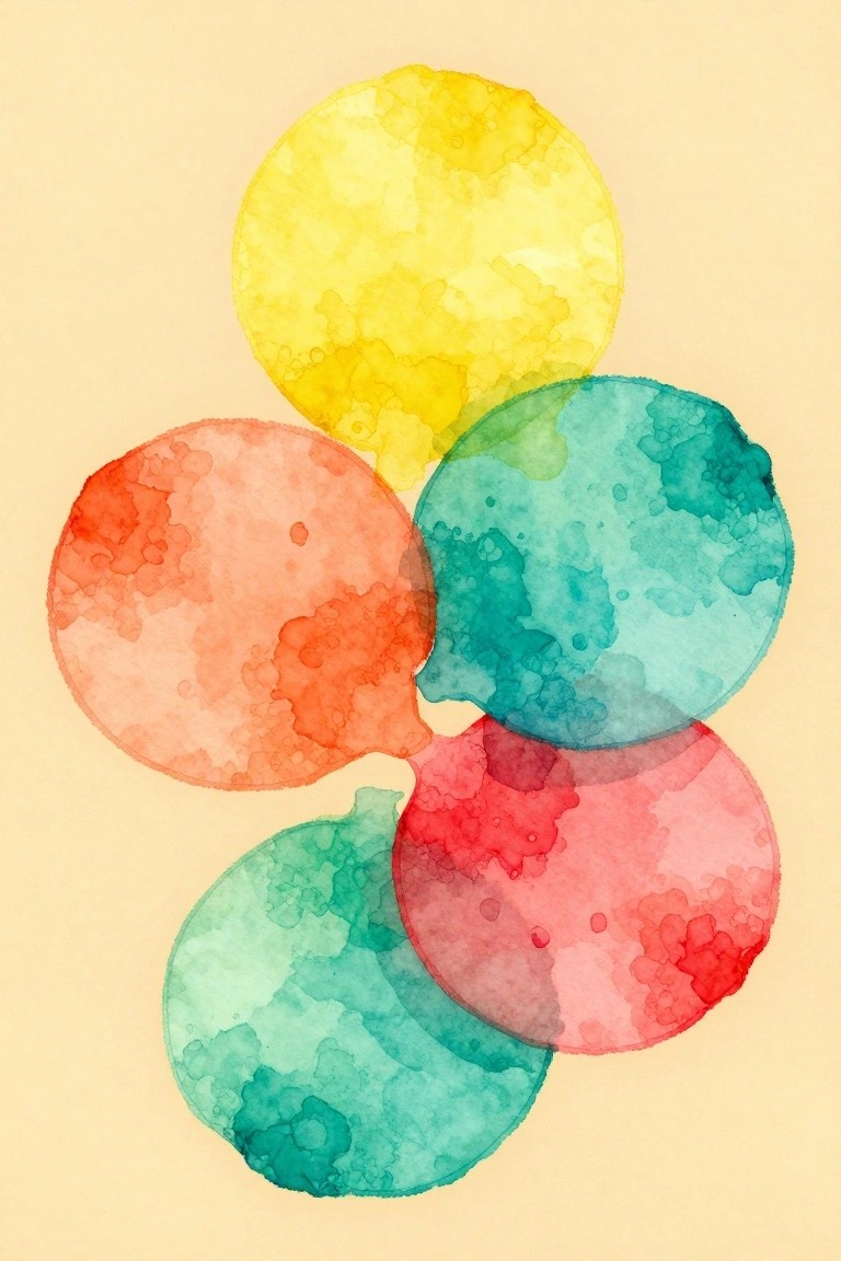 Watercolor abstract with overlapping translucent circles in yellow, red, teal, and pink