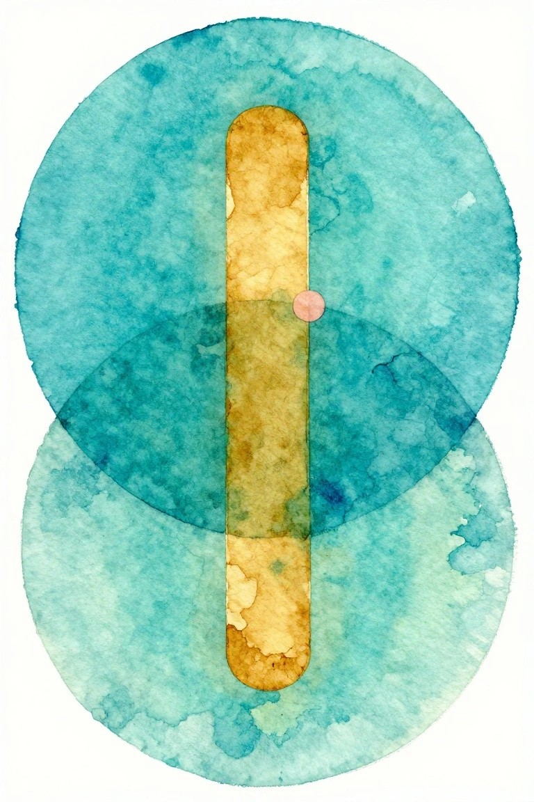 Two overlapping cyan watercolor circles with vertical yellow bar and pink dot.