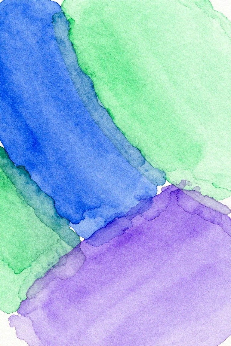 Abstract watercolor with overlapping blue, green, and purple washes and soft edges