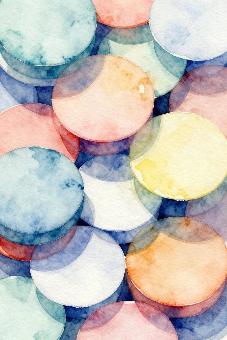 Overlapping translucent watercolor circles in soft pastel blues, pinks, and oranges.