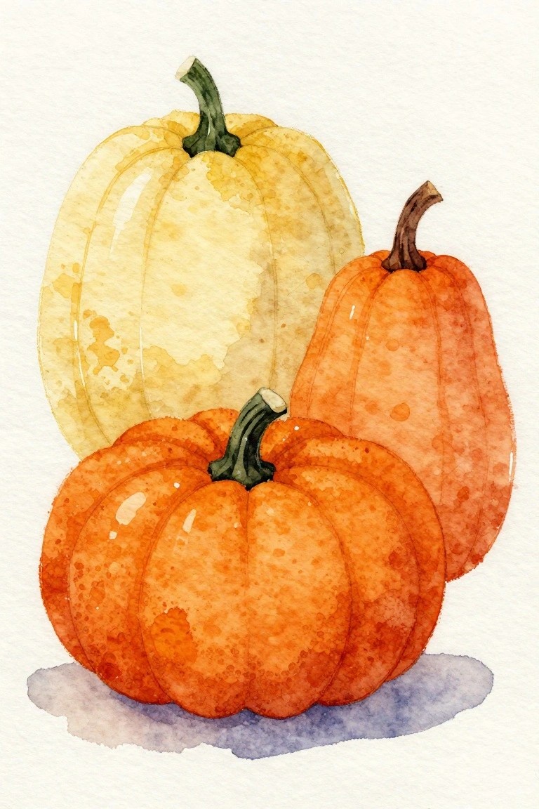Watercolor painting of three pumpkins in pale yellow and orange with green stems.