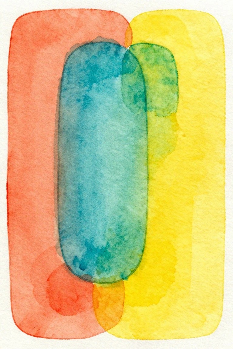 Abstract watercolor with overlapping rounded shapes in red, teal, yellow, and green.