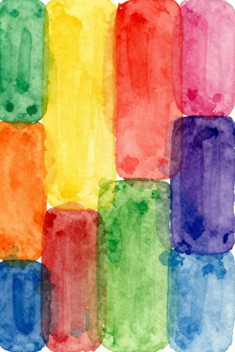 Vibrant overlapping watercolor rounded rectangles in rainbow colors on white.