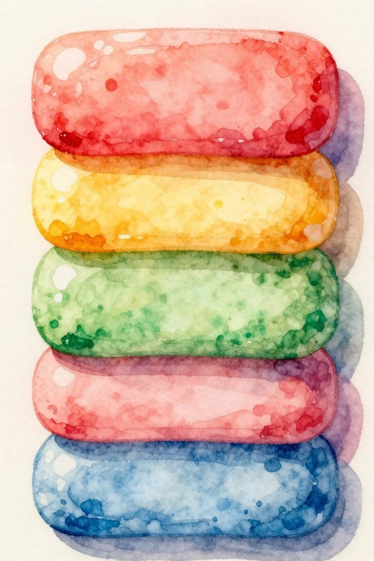 Stack of five rainbow watercolor bars with splatters and soft shadows.