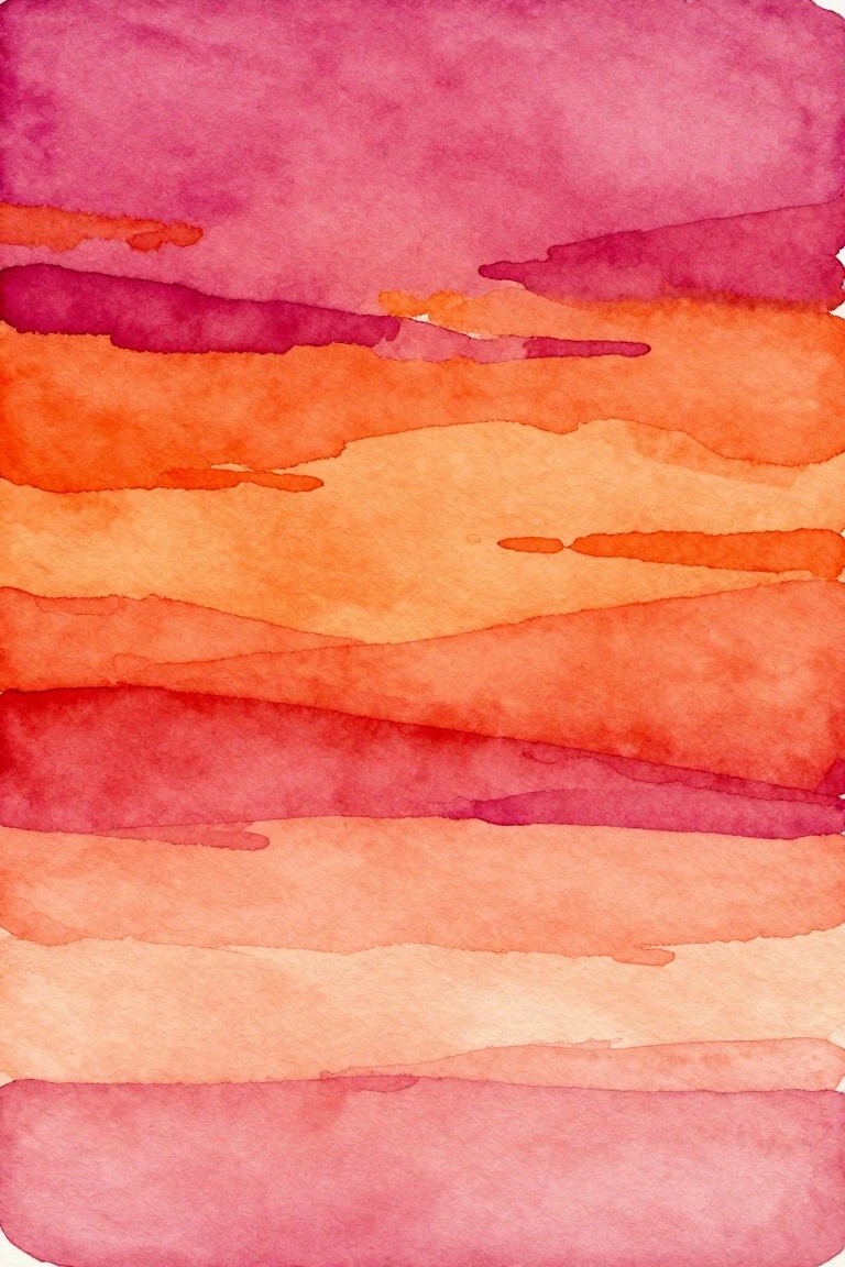 Vertical abstract watercolor with horizontal bands of pink, orange, and red washes blending downward.