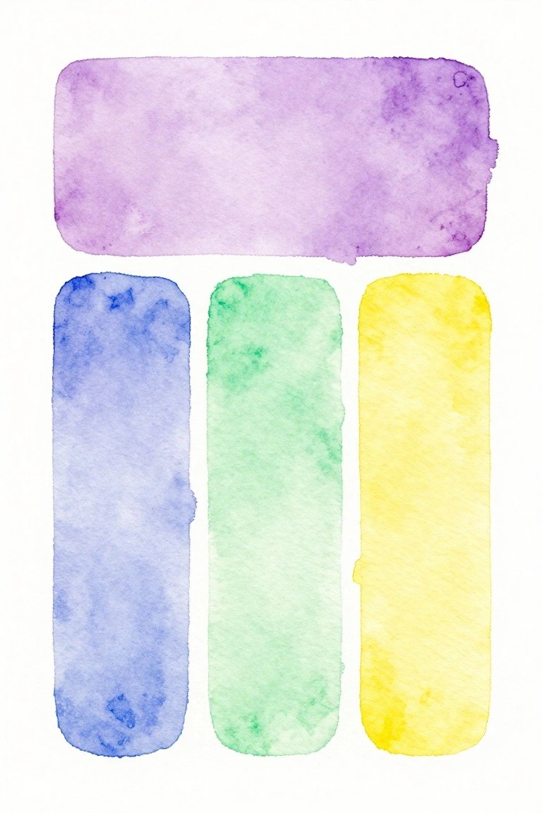 Watercolor painting of purple bar above blue, green, and yellow vertical rectangles.
