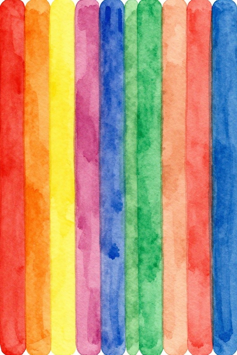 Vertical watercolor bars in rainbow hues with soft rounded edges and textures