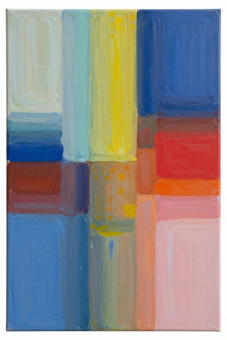 Abstract painting of colorful geometric rectangles and vertical stripes in blue, yellow, red.