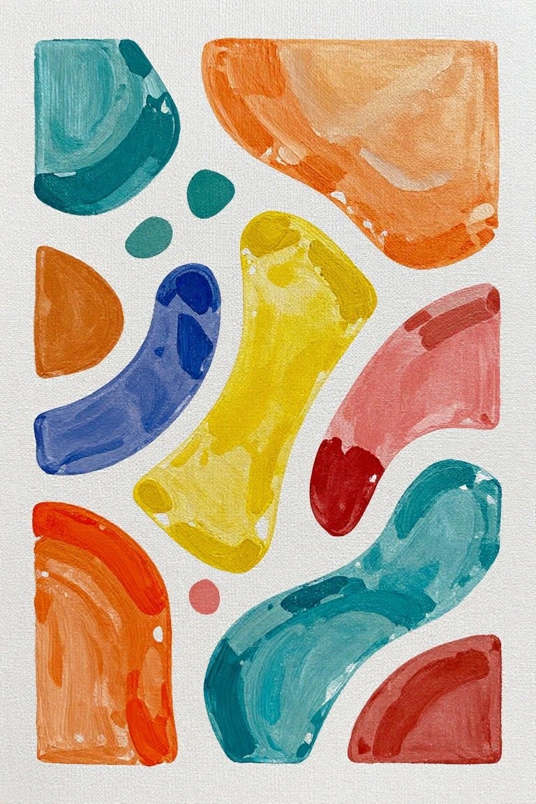 Abstract artwork with vibrant curved shapes in teal, orange, yellow, blue, and red.
