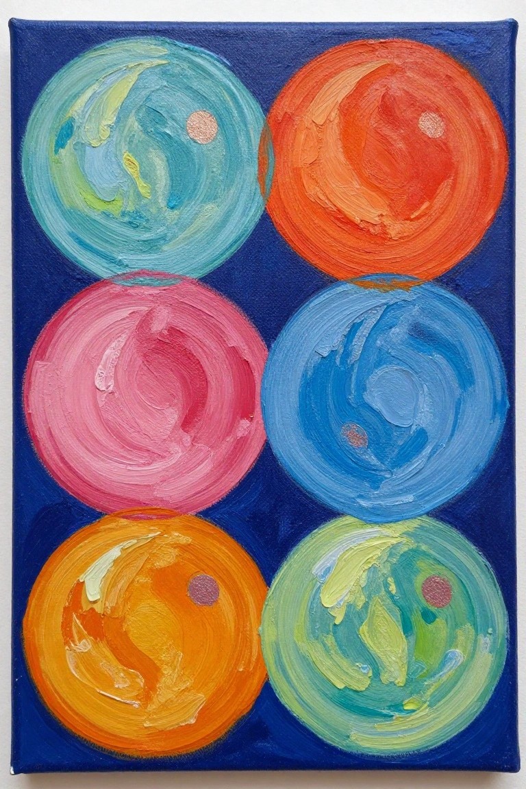 Abstract painting of six vibrant colorful circles on dark blue background