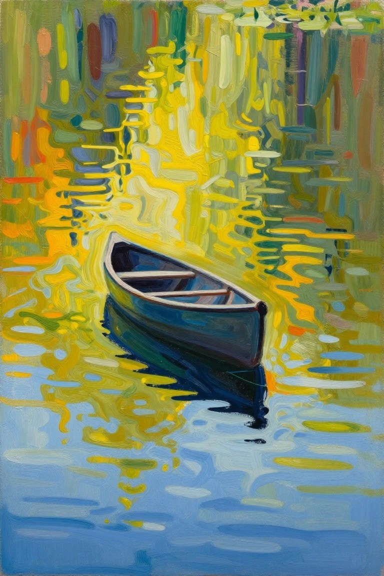 Blue boat on rippled water with bright yellow and green reflections.