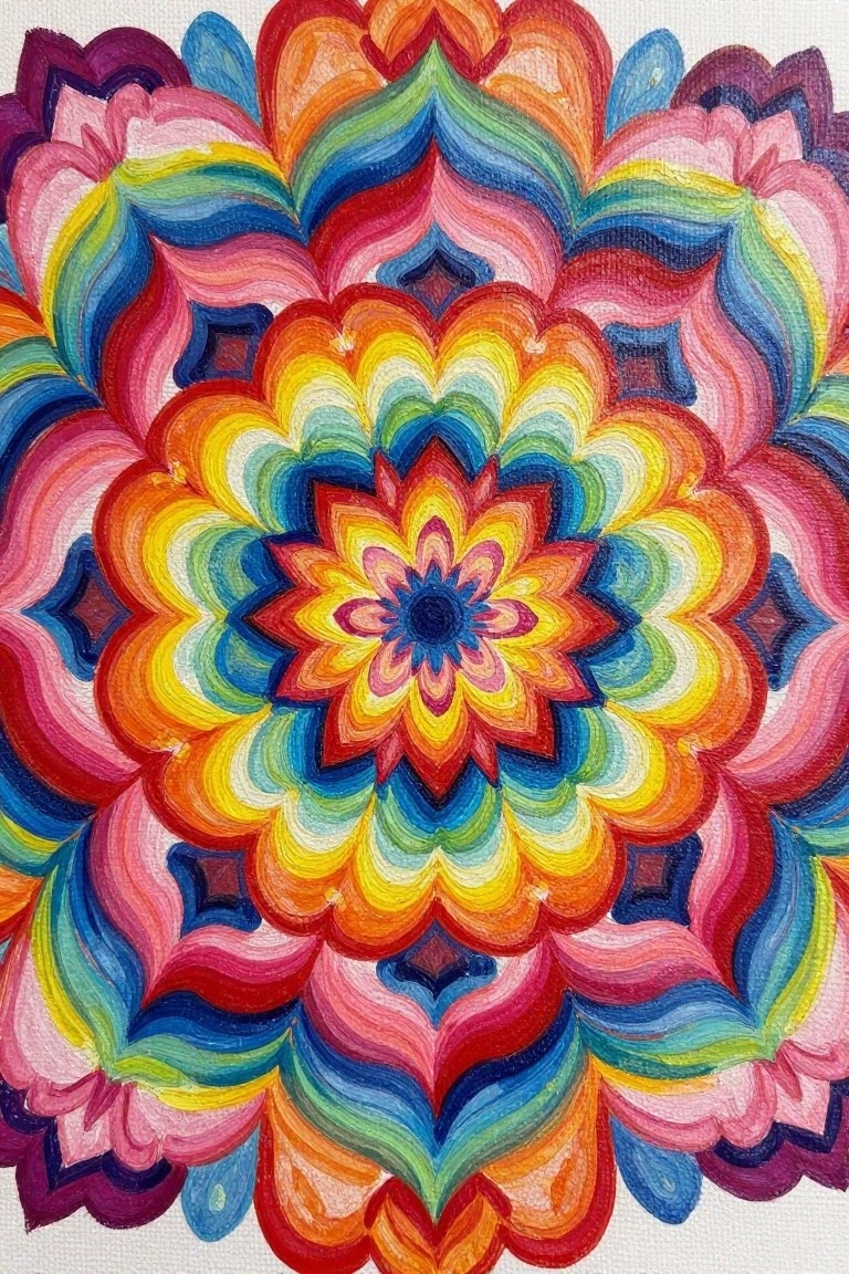 Vibrant rainbow mandala painting with layered floral patterns in bright colors