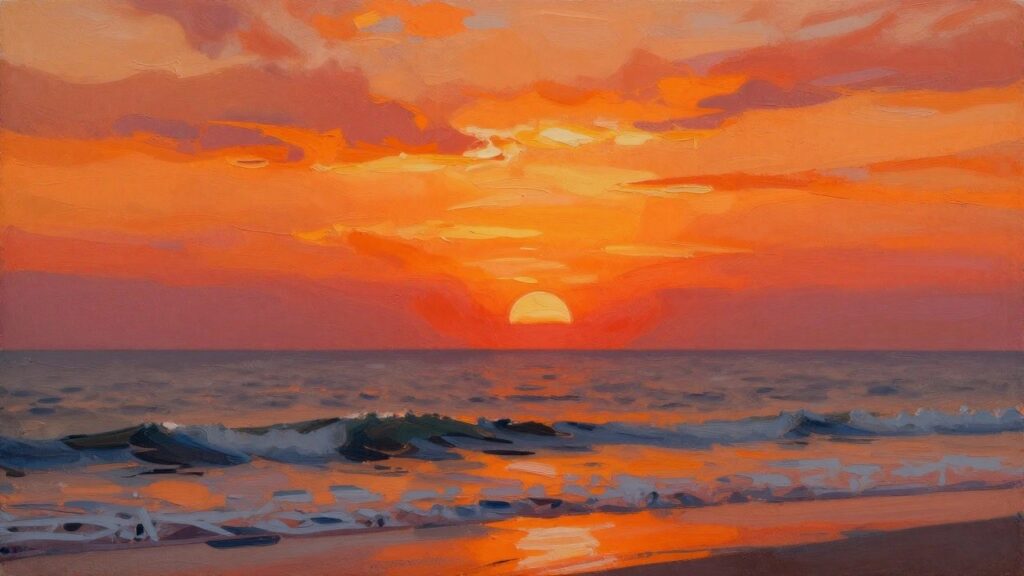 24 Easy Canvas Painting Ideas for Adults Who Want a Low-Pressure Project Vibrant sunset painting with pink-orange sky, glowing sun, and colorful ocean waves