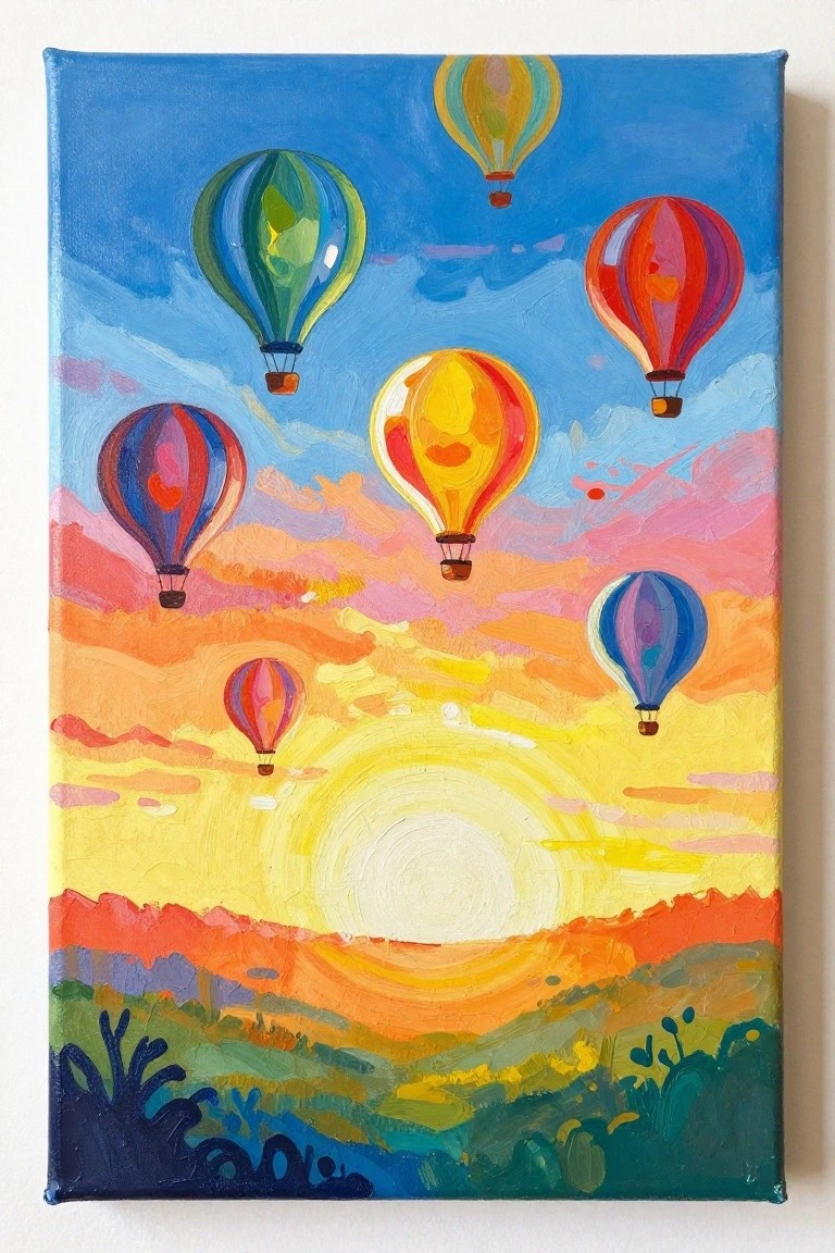 Colorful hot air balloons float in vibrant sunset sky over mountains.