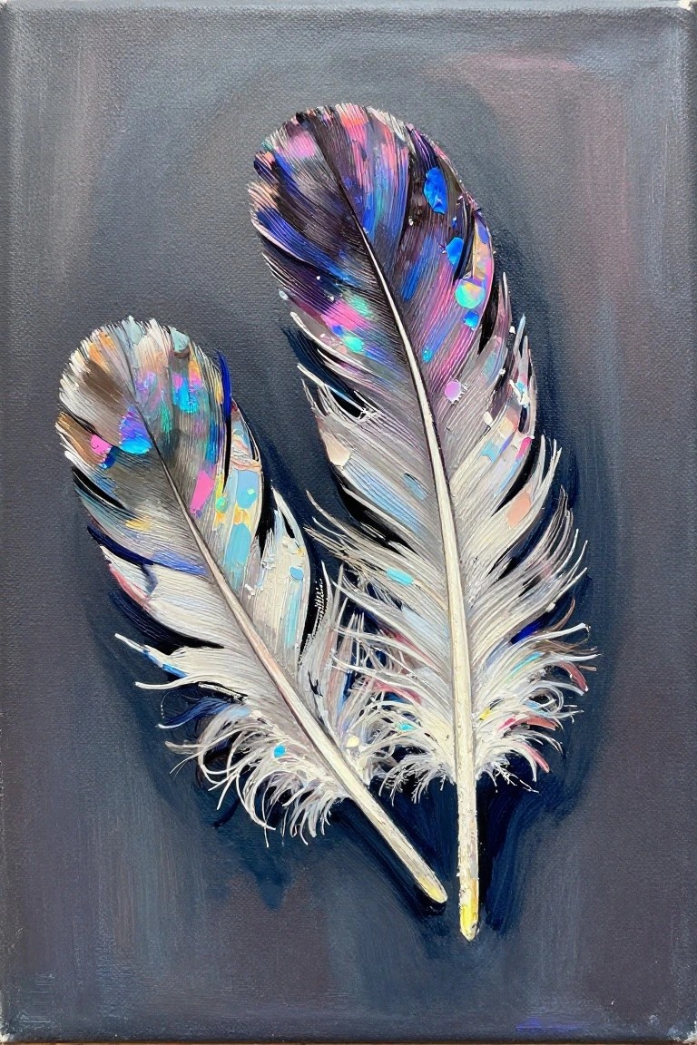 Two iridescent feathers in blue, pink, and purple on dark canvas.