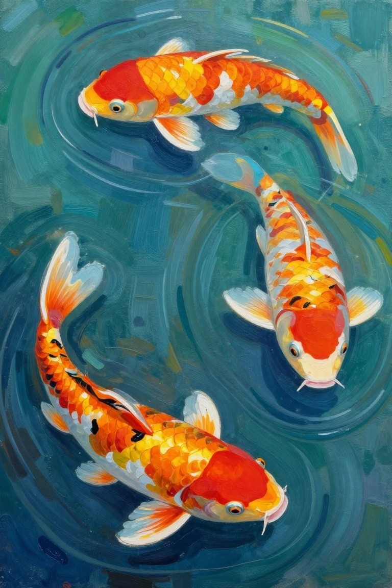 Three vibrant koi fish swimming in swirling blue water painting