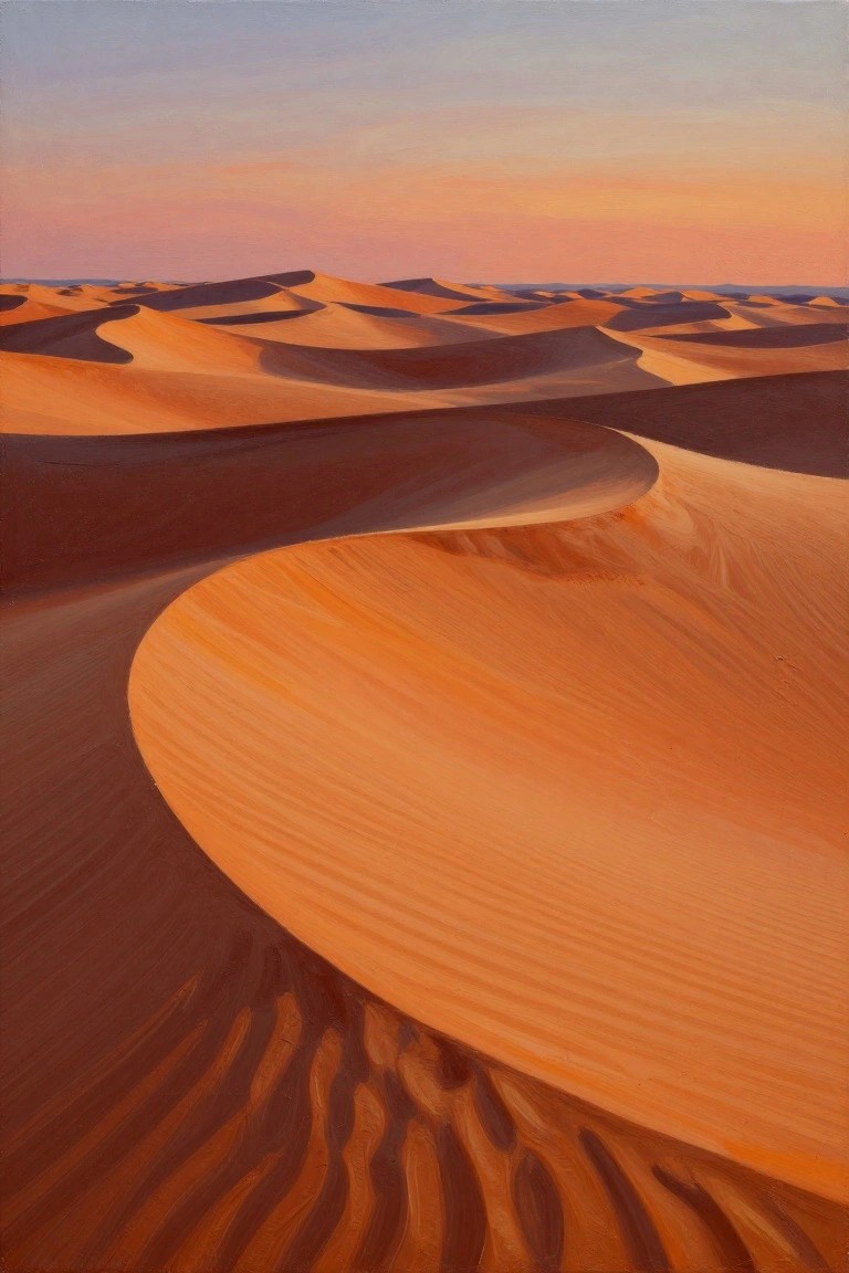 A painting of orange sand dunes with curved ridges under a pink and orange sky.
