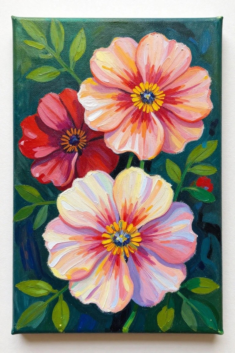 Vibrant painting of three colorful flowers with green leaves on dark teal background.