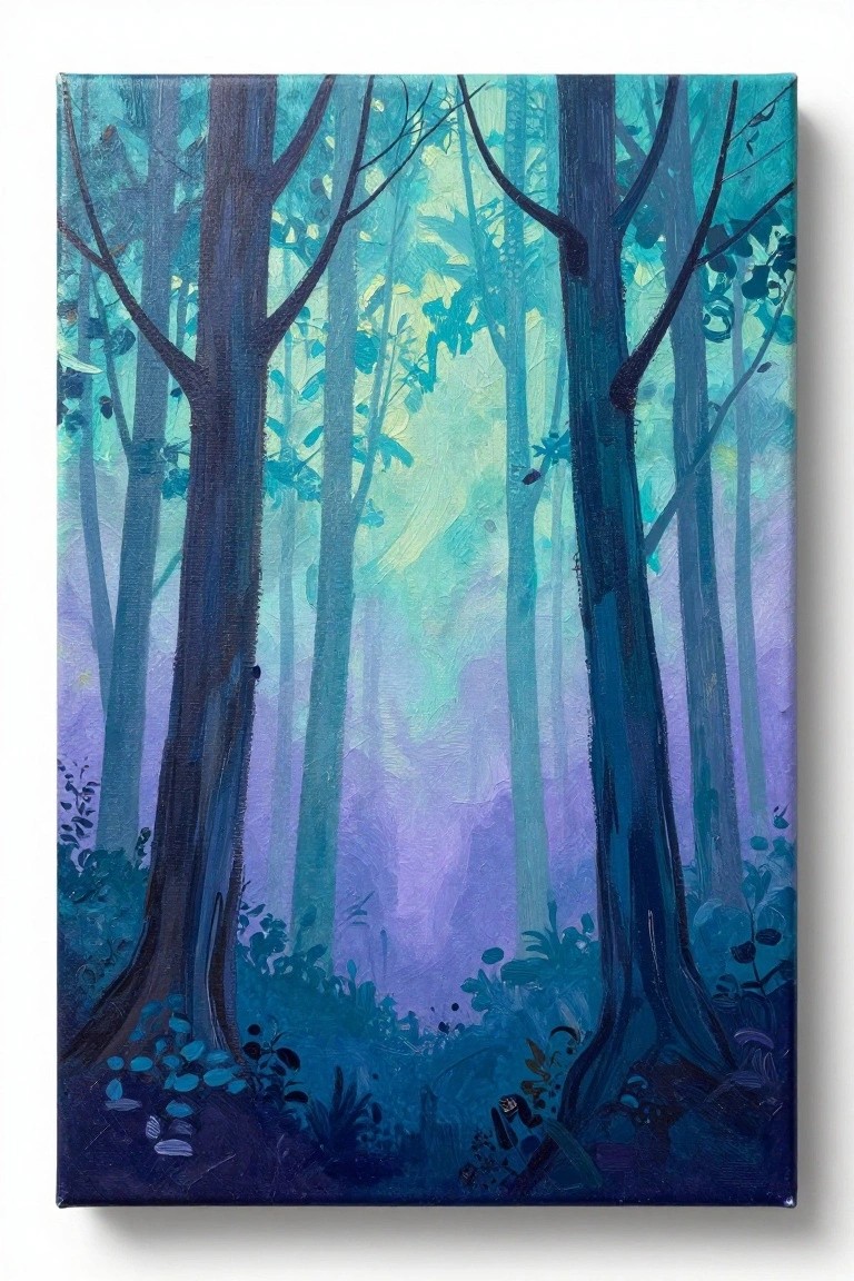Misty blue-toned forest painting with tall dark trunks and lush foliage
