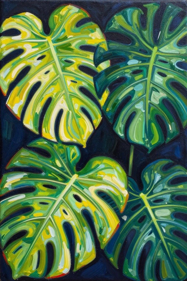 Bold painting of four vibrant Monstera leaves in yellows and greens on dark blue background