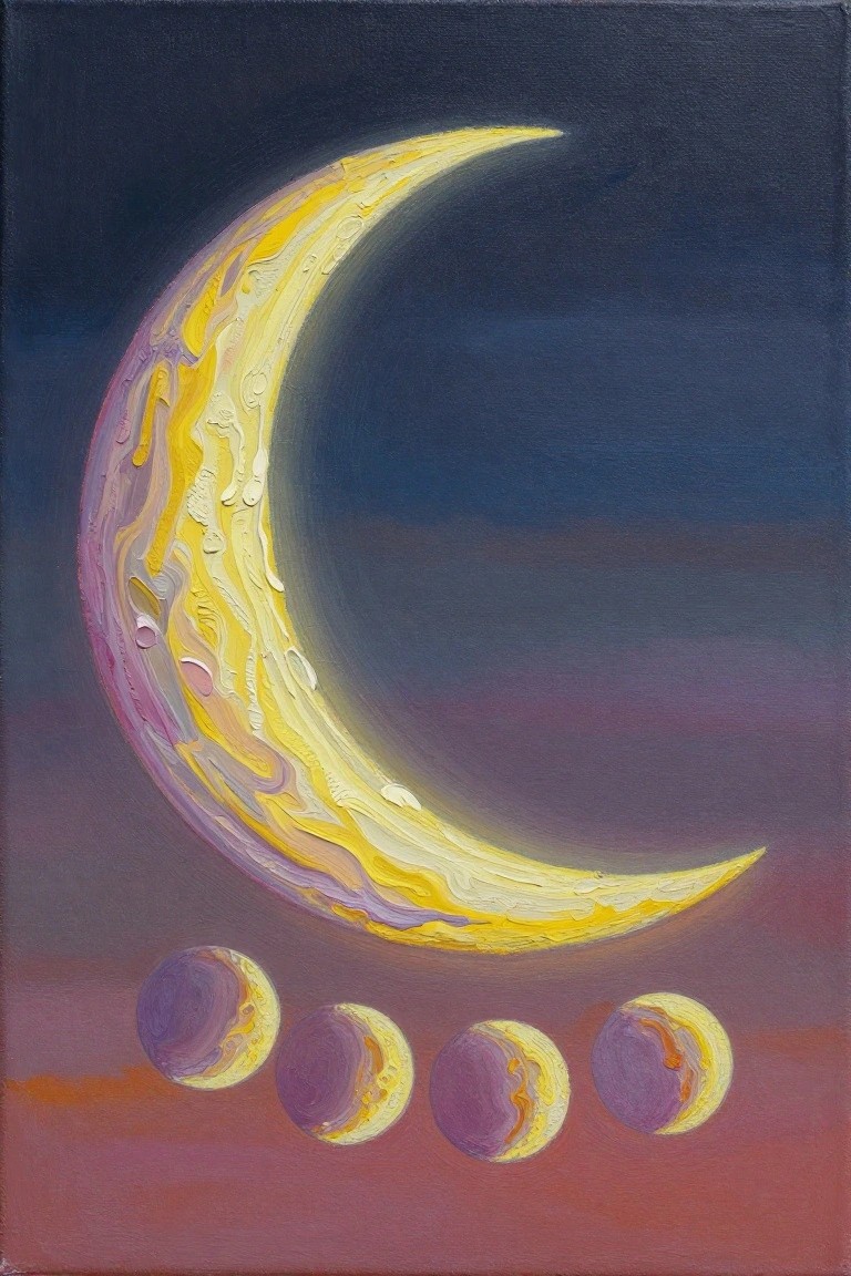 Textured yellow crescent moon painting with four smaller moons on purple-red sky