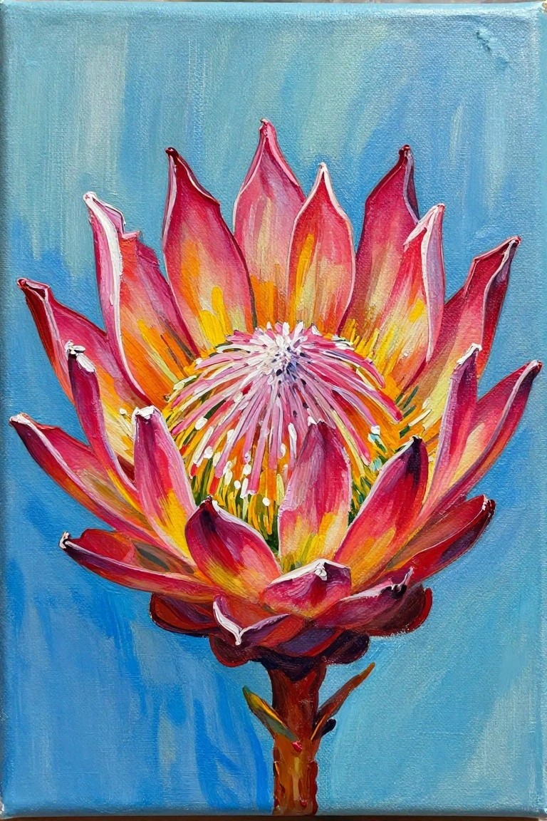 Vibrant painting of a protea flower with pink, red, and yellow petals on blue background