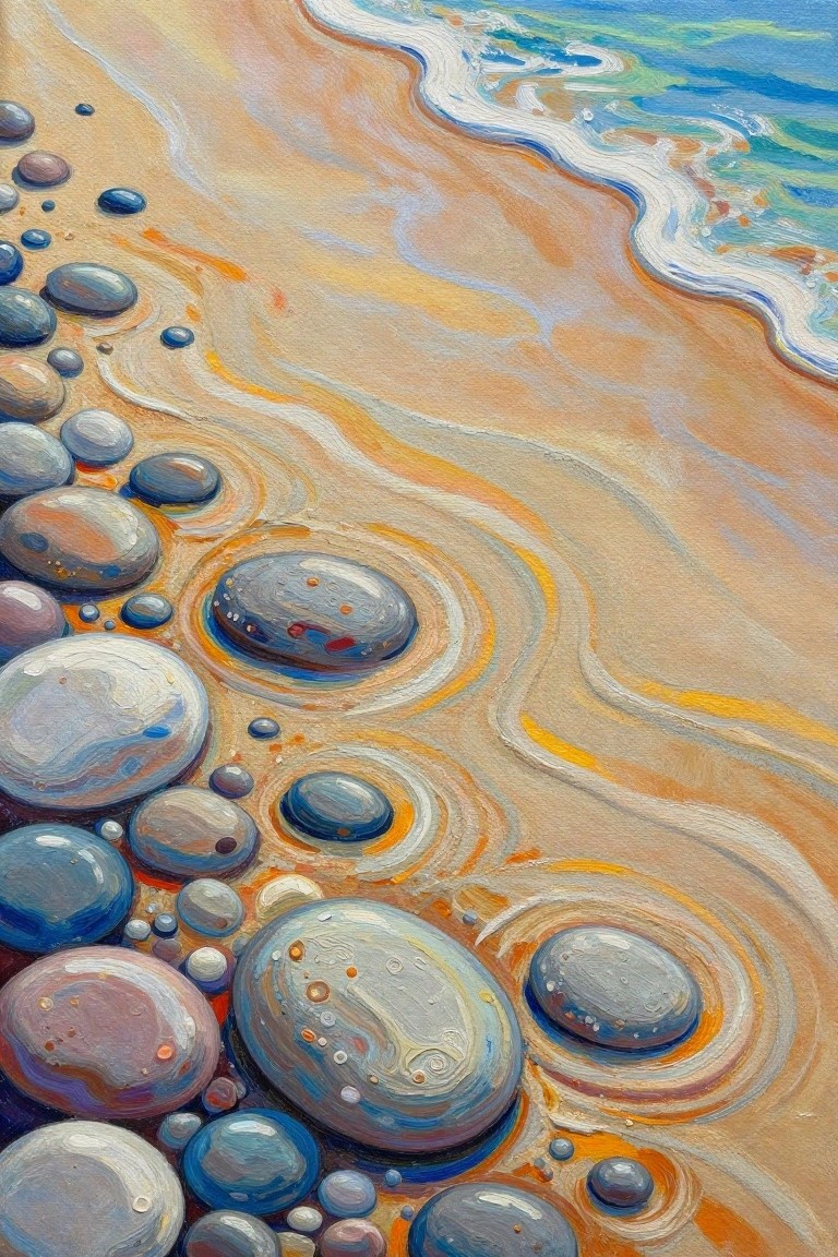 Colorful glossy pebbles scattered on swirling orange sandy beach with ocean waves