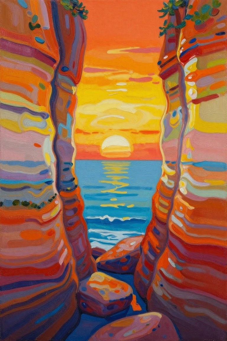 Vibrant sunset over ocean viewed through colorful striped rock cliffs and boulders