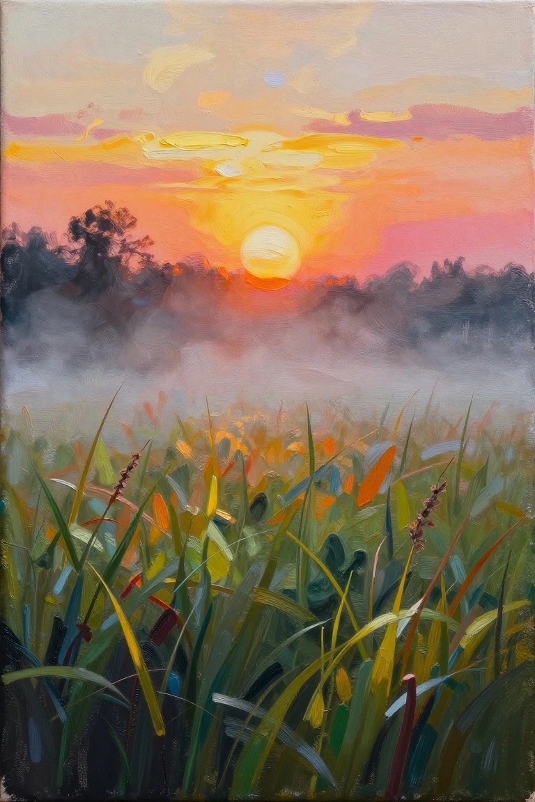 Sunset over misty field with tall colorful grasses and wildflowers in foreground.