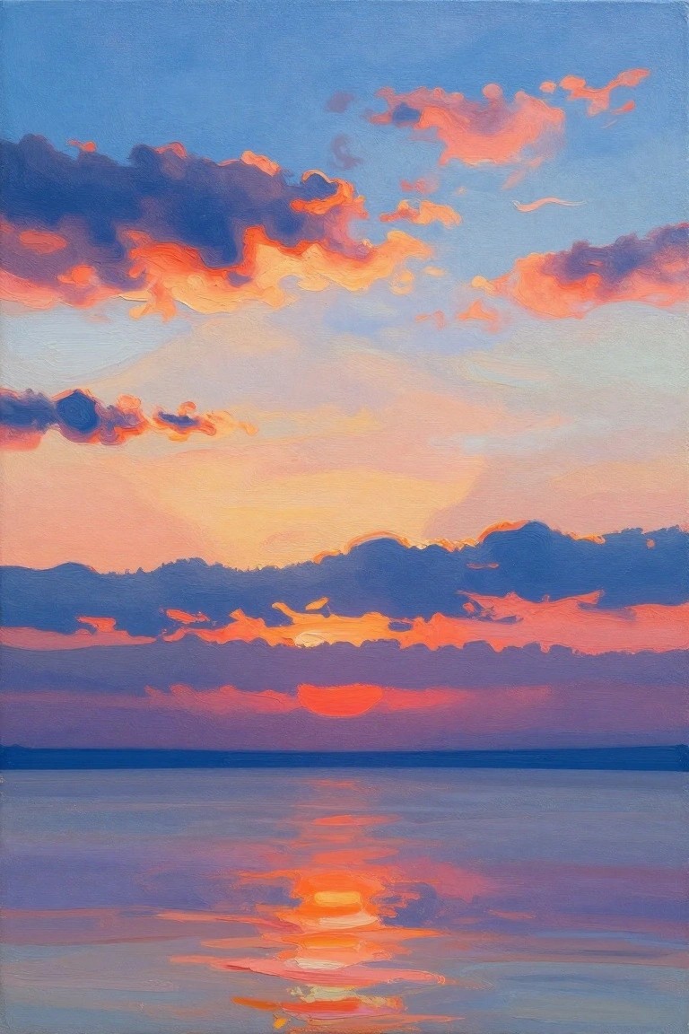 Vibrant sunset over calm ocean with orange-pink clouds reflecting on water