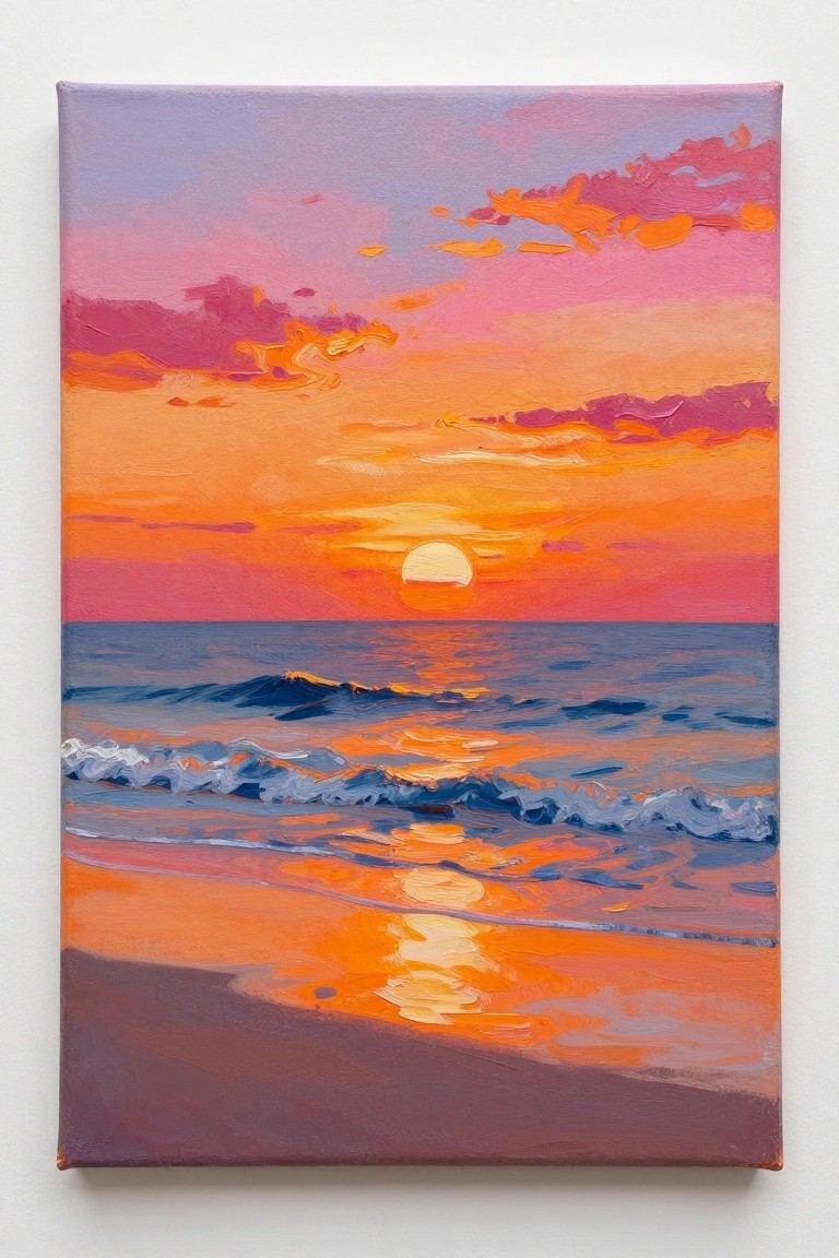 Vibrant sunset painting with pink-orange sky, glowing sun, and colorful ocean waves