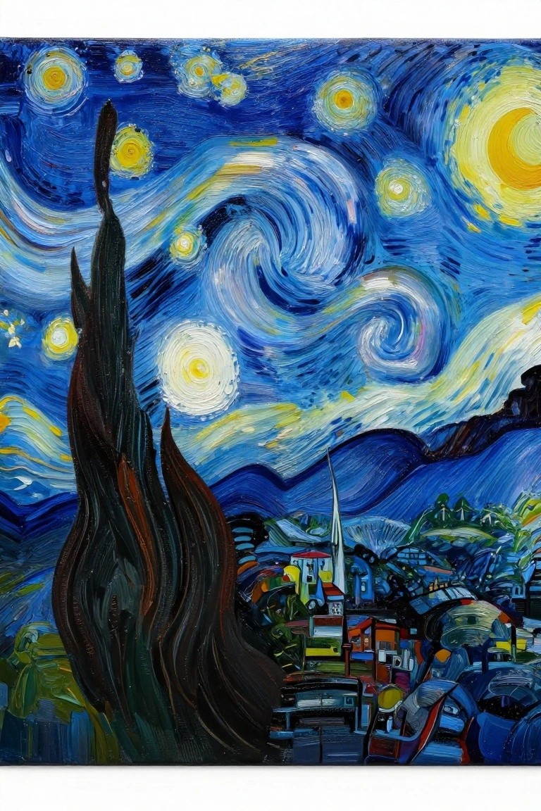 Swirling blue starry night sky over colorful village with dark cypress tree.