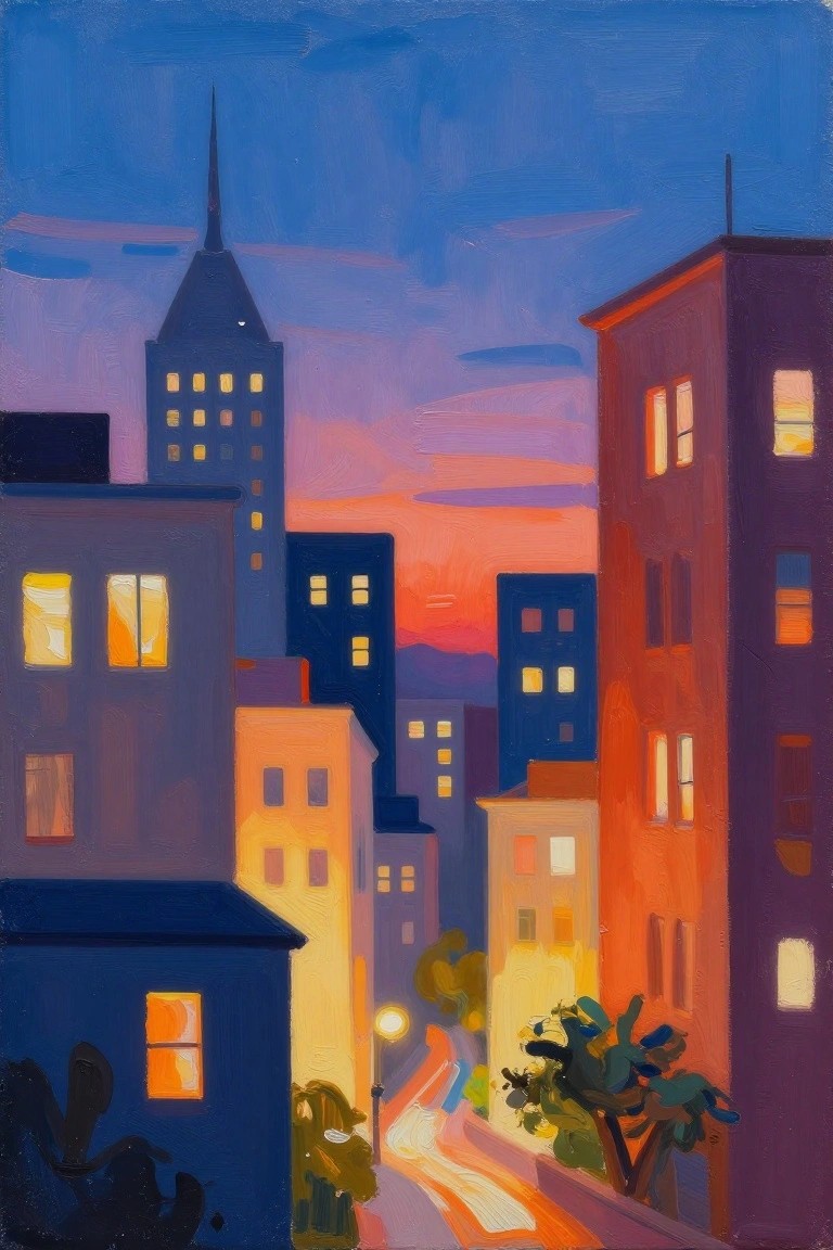 Vibrant painting of city buildings with glowing windows under a colorful sunset sky.