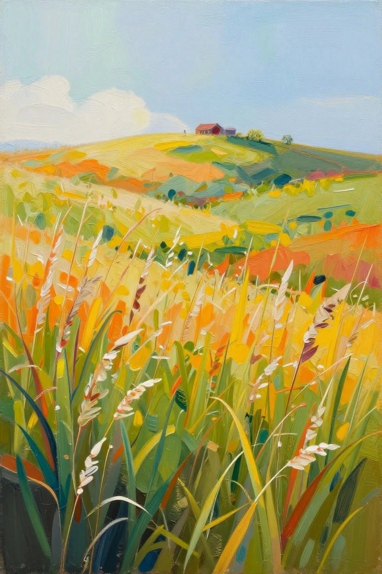 Vibrant painting of wild grasses in a colorful hillside field with red barn