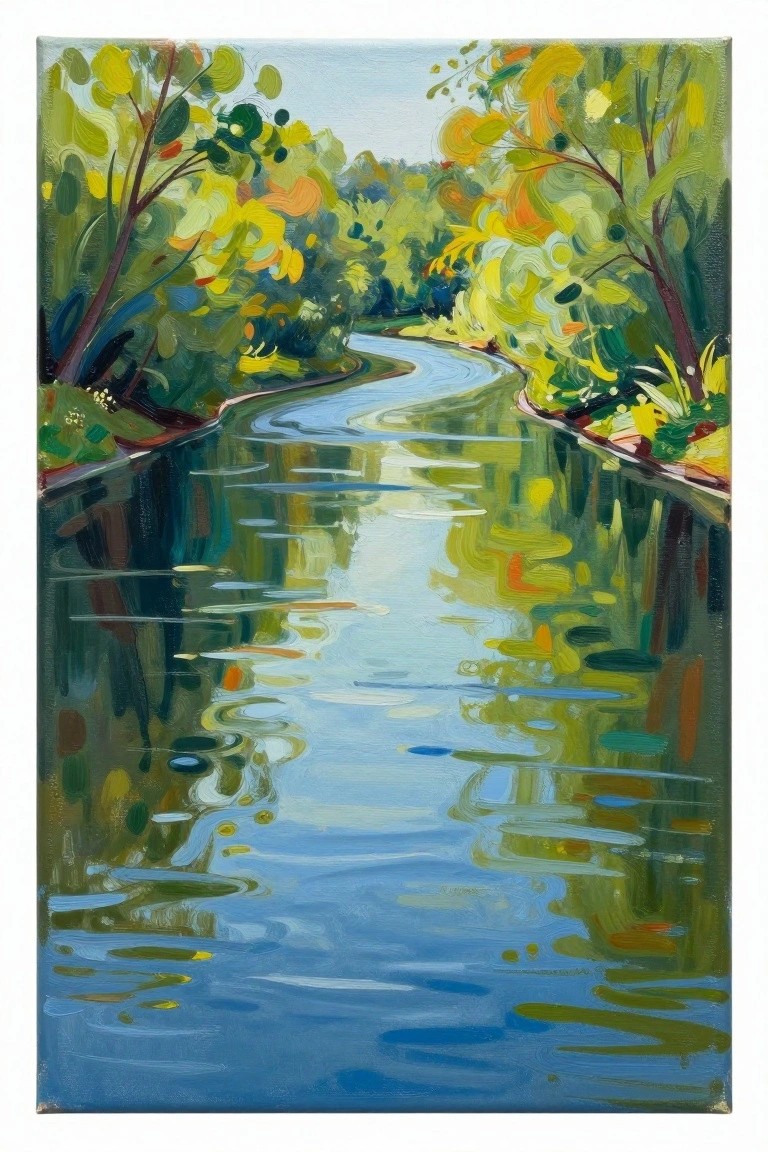 Vibrant painting of winding blue river reflecting colorful trees on both banks.