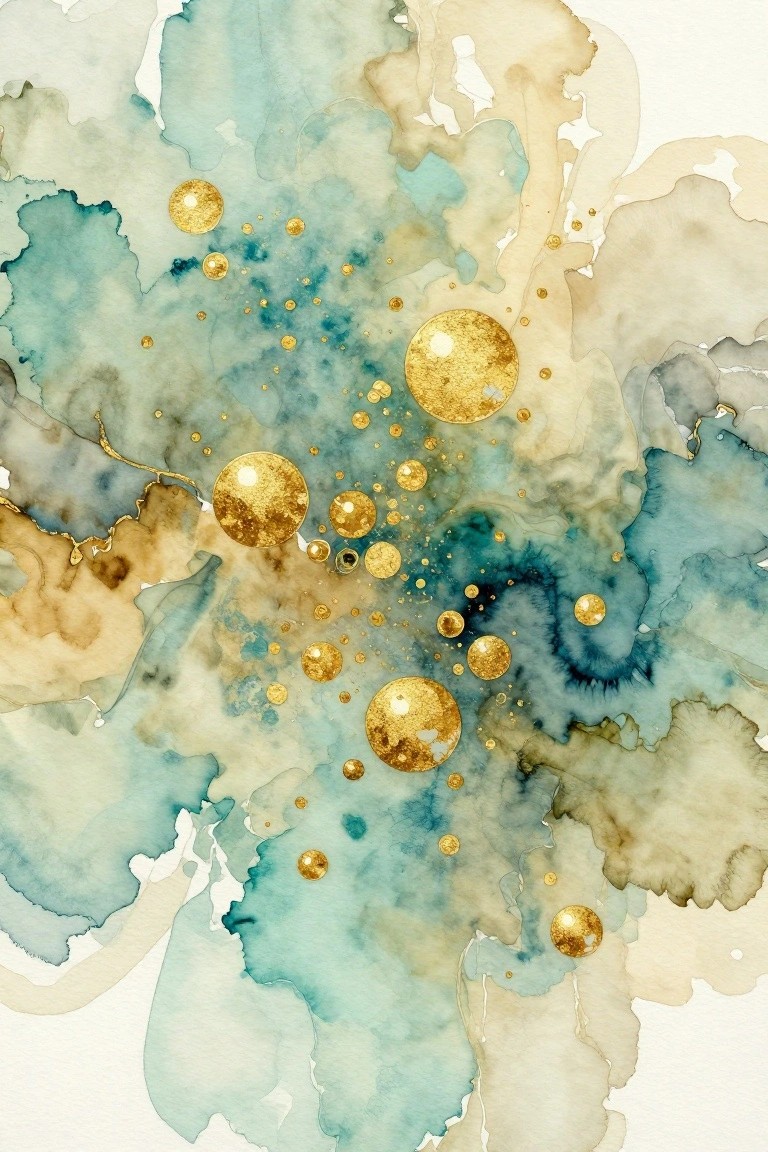 Abstract watercolor in teal and beige with scattered gold metallic circles