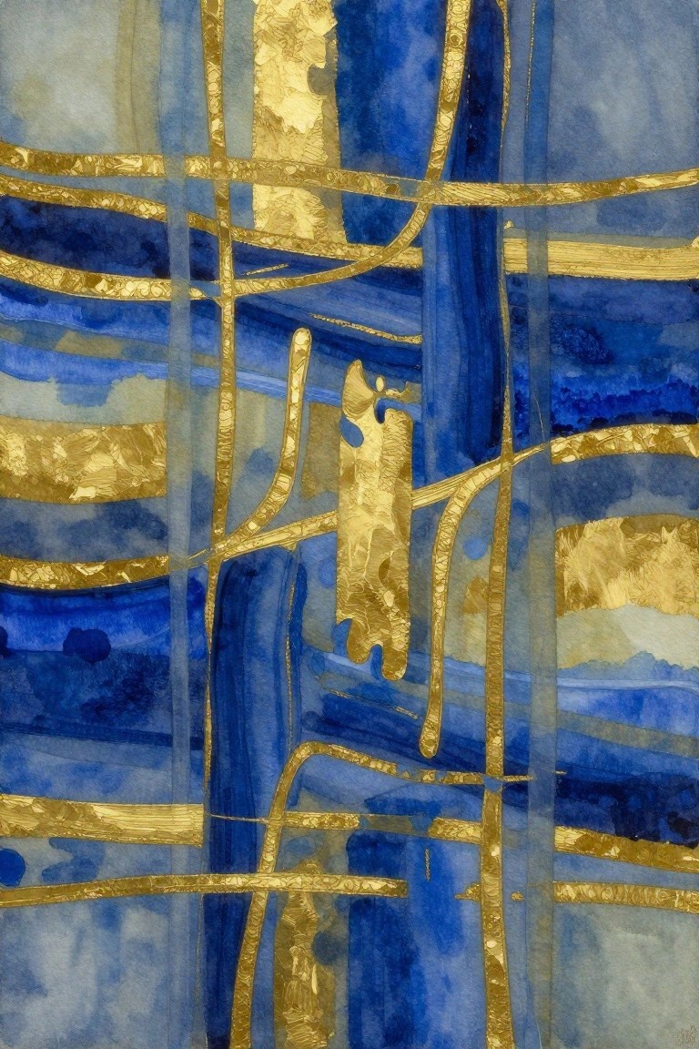 Abstract blue watercolor with gold foil lines and irregular shapes